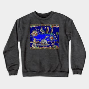 WEIRD MEDIEVAL BESTIARY MAKING MUSIC, Three Owls And Night Concert of Rabbits Crewneck Sweatshirt